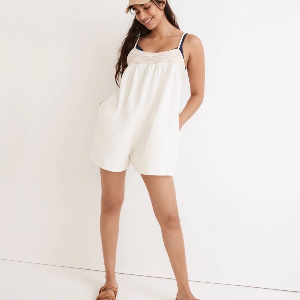 Madewell Medium Embroidered Lightestspun Tie Back Cover‎ Up Romper Cream